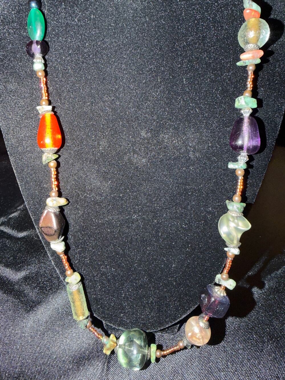 Treska Brand beaded asymmetrical necklace natural stones and glass beads 24”